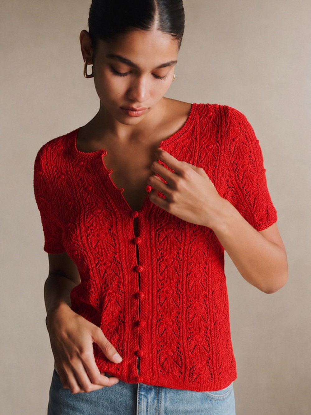 Sezane Milane Red Short-Sleeve Knit Button-Up Top Size M - Picture 3 of 11